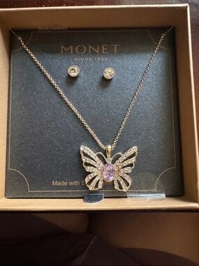 Monet Gold-Tone Butterfly Necklace with Pink Center and Crystal Studs